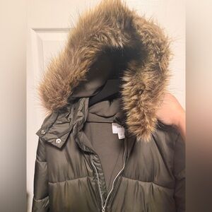 Old Navy Olive Green Faux Fur Hooded Puffer Jacket